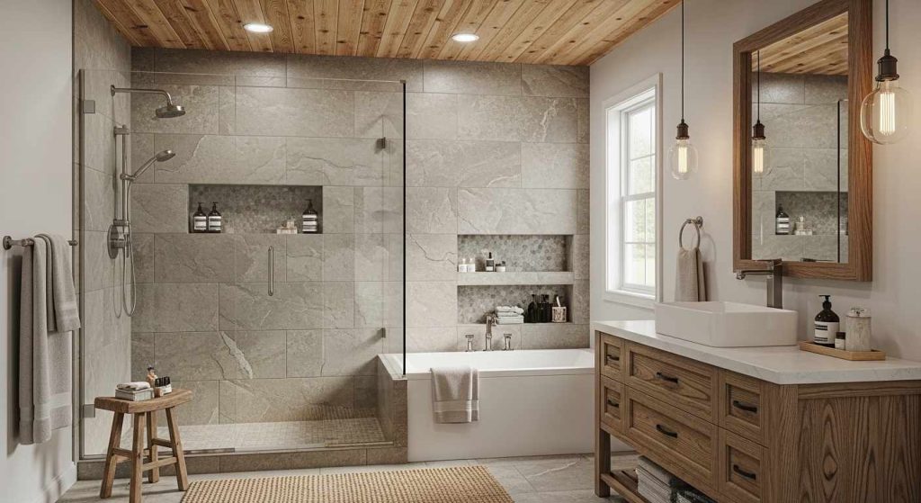 9. Stone-Look Tile Walk In Shower with Wood Ceiling