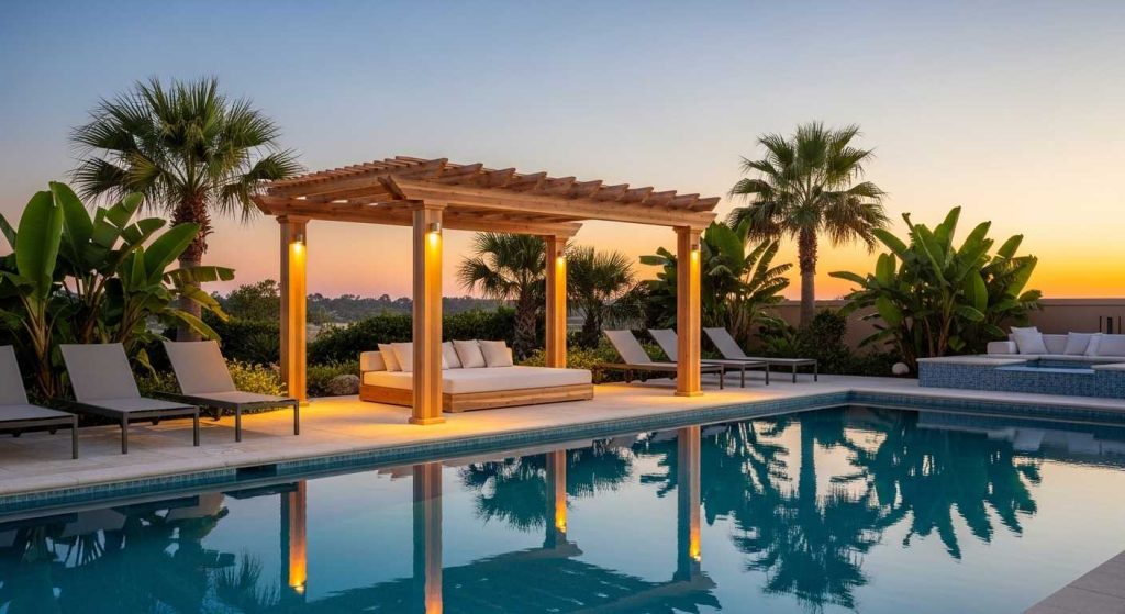 Poolside Pergola with Solar Post Caps