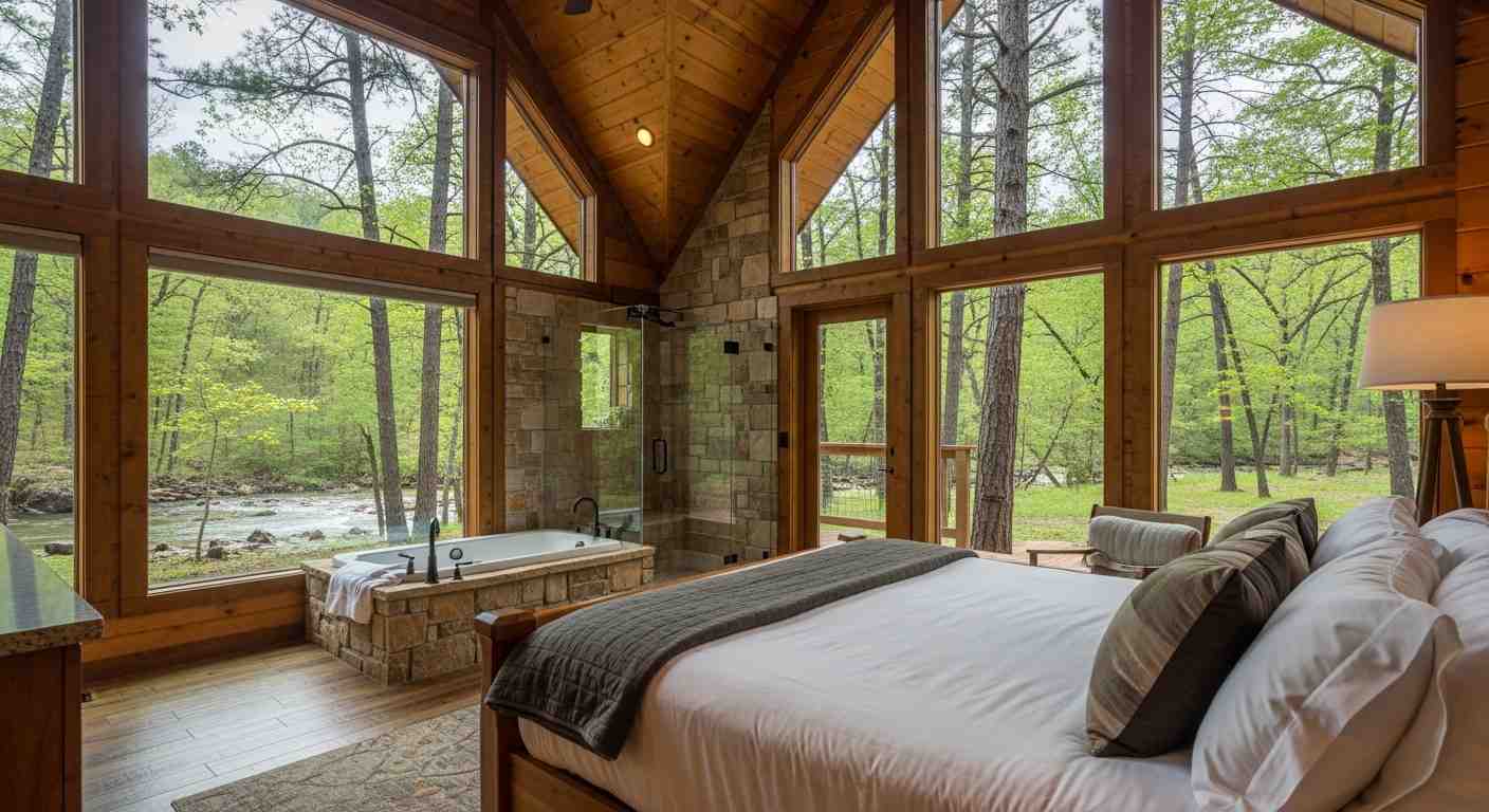 Private hot tub on forest deck at night