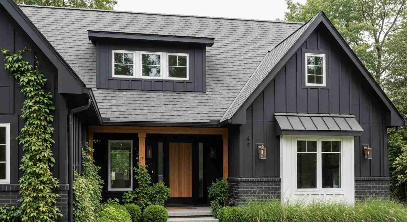 Soft Black Grey Roof White Trim & Wood Acc.
