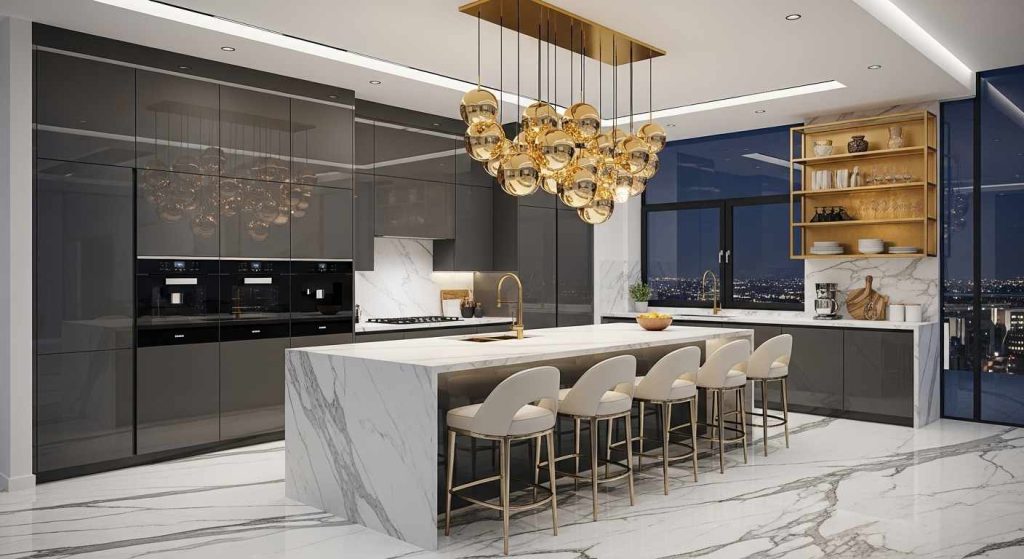 Dark Gray Cabinets with Gold Pendant Lights on Marble Island
