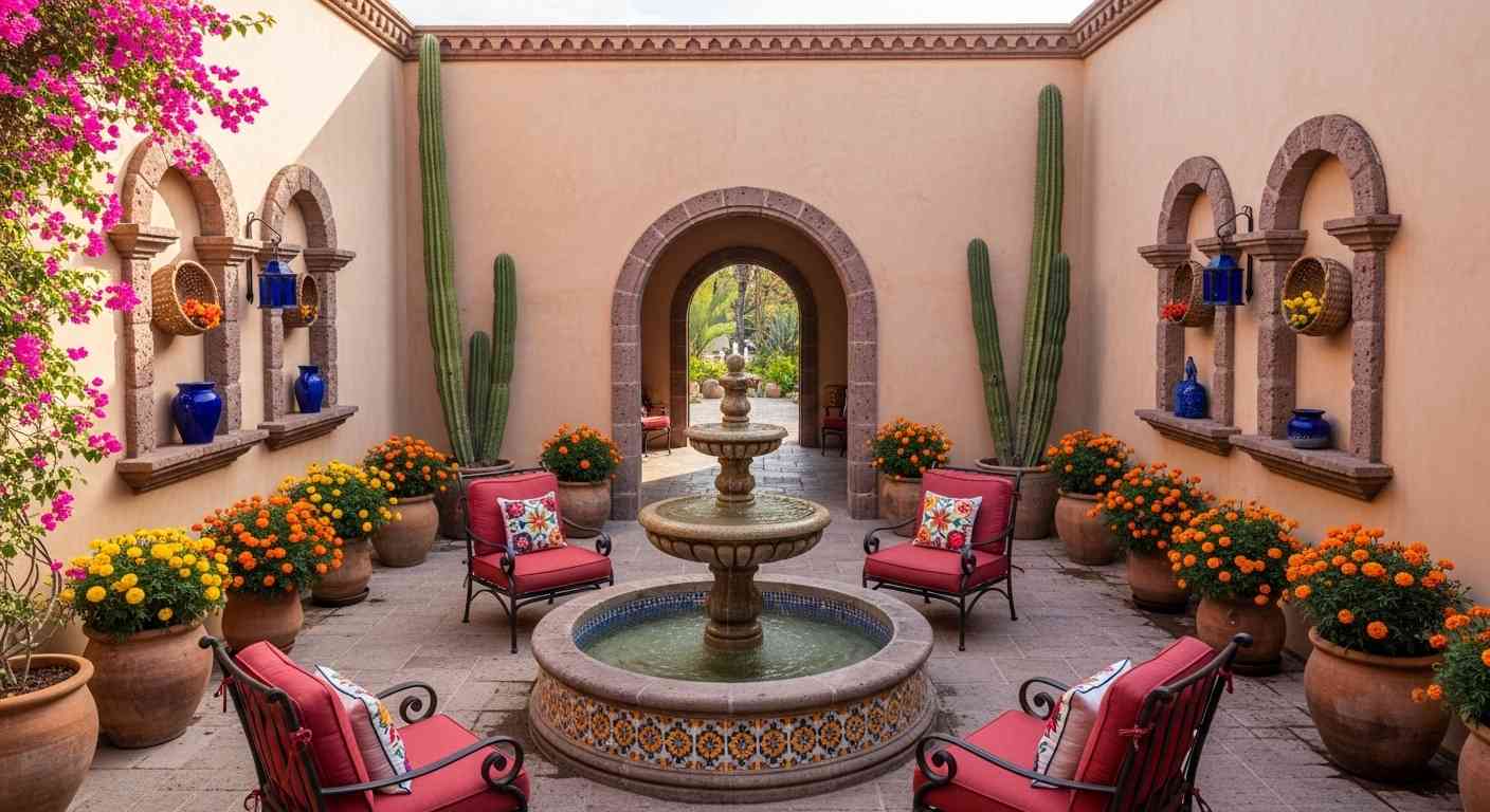 Mexican hacienda courtyard with Talavera tiled fountain and wrought iron seating