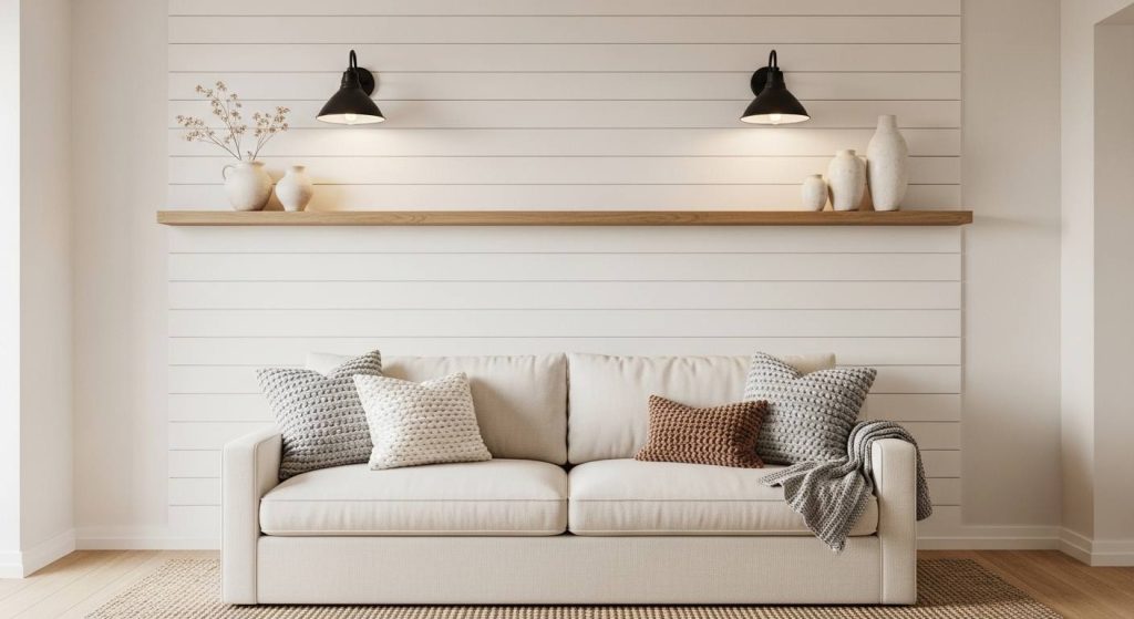 Shiplap Accent Wall with Black Sconce Lights
