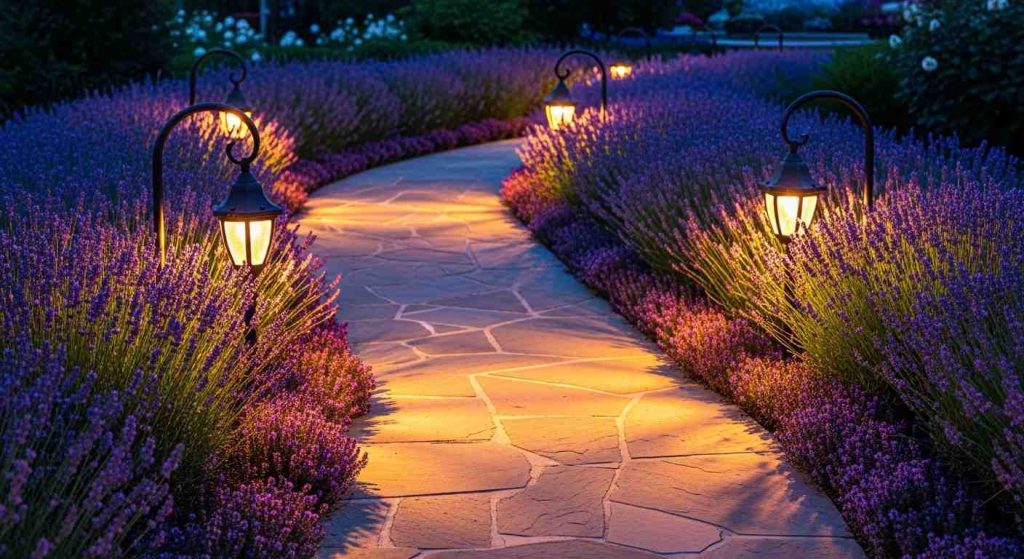 Stone Path Illuminated by Lanterns Through Lavender Borders
