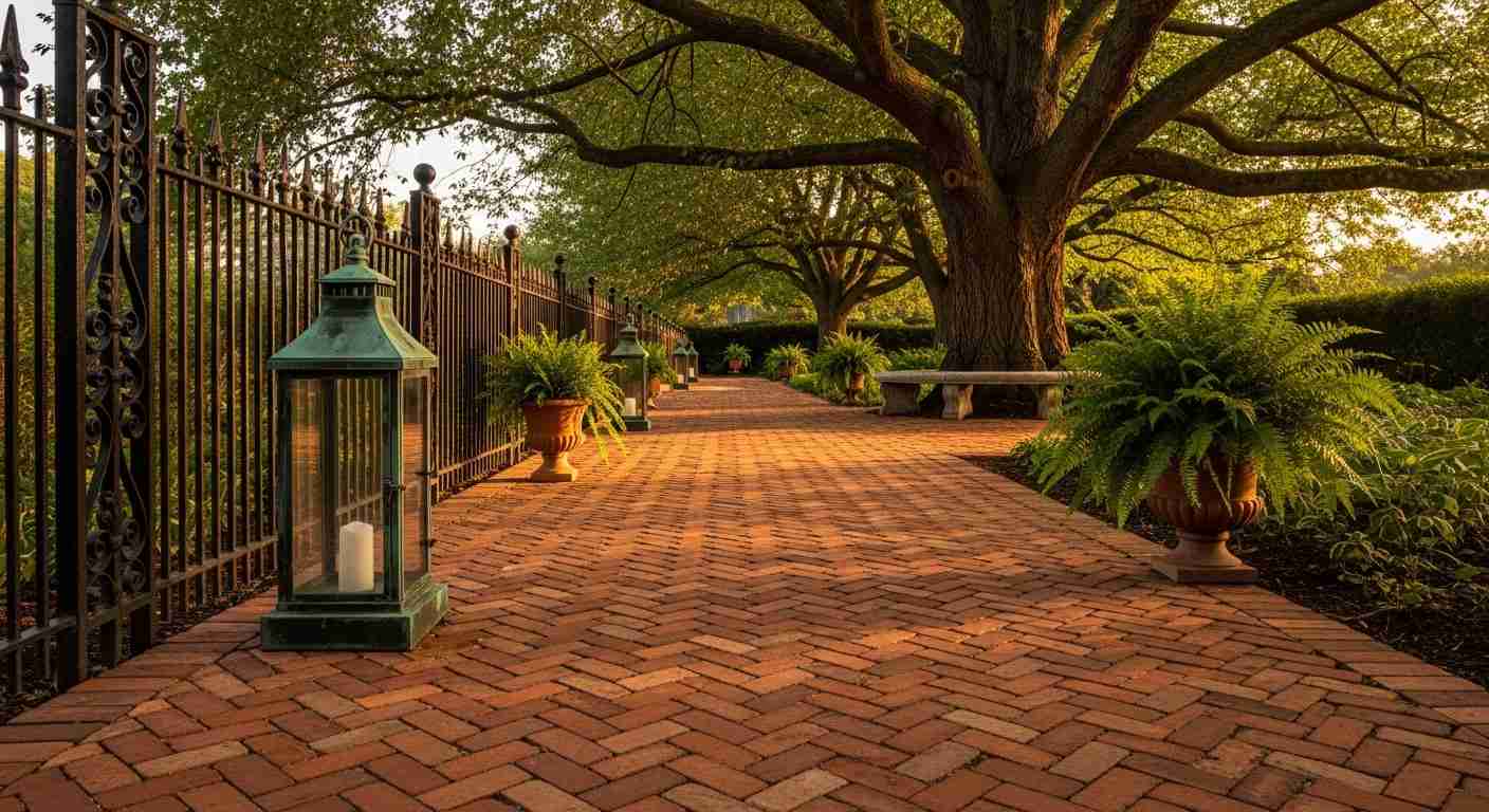 Herringbone Brick Path with Brass Lanterns & Elm Tree