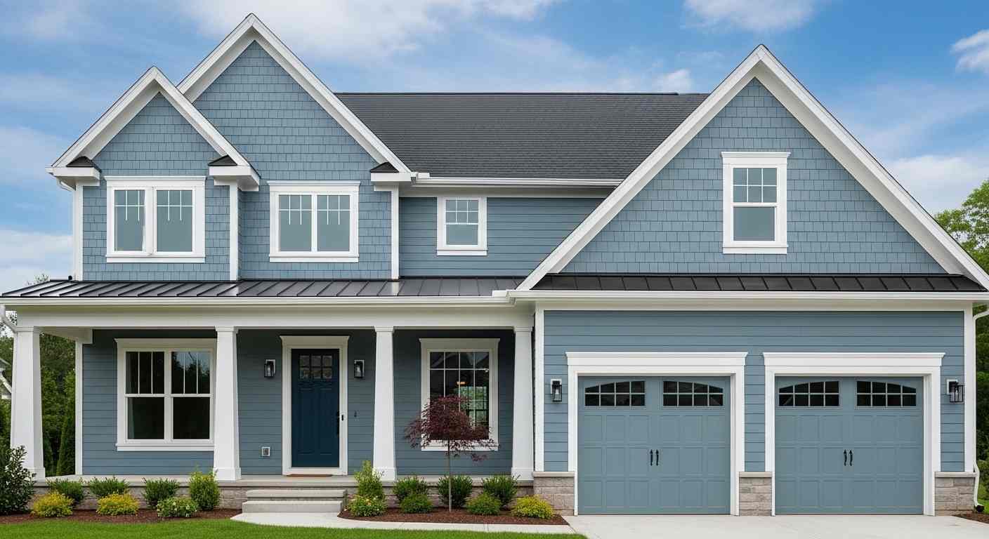 Slate Grey Roof White Trim Green Doors
