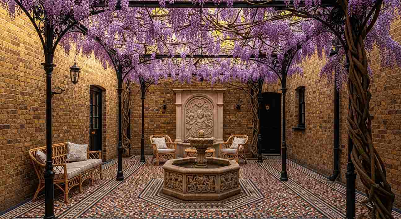 Wisteria Courtyard with Mosaic Tile & Stone Fountain