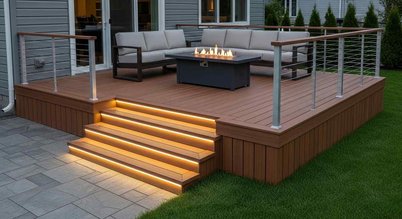 Modern Elevated Deck with LED Step Lighting & Fire Table