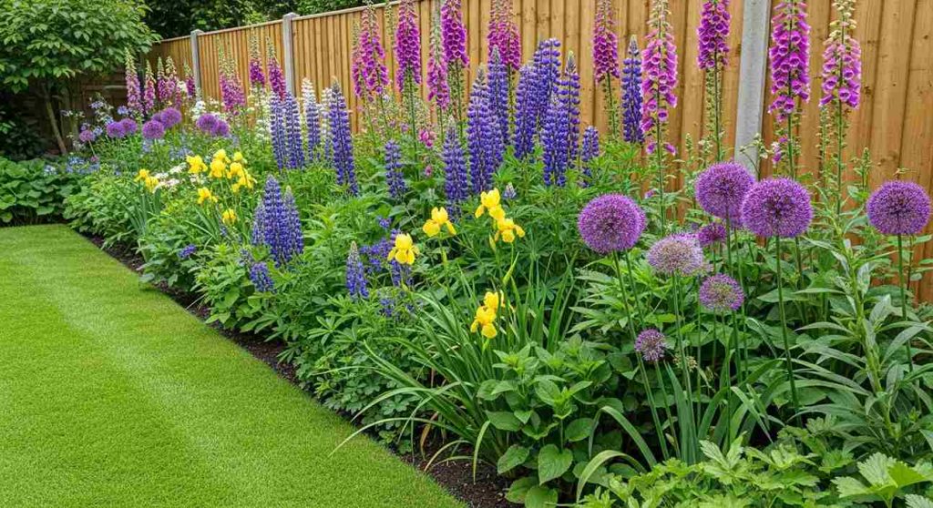 Mixed colour fence-line border with tall perennials
