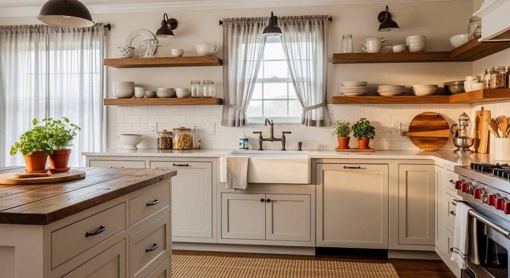 Soft Gray Farmhouse Kitchen with Open Shelving