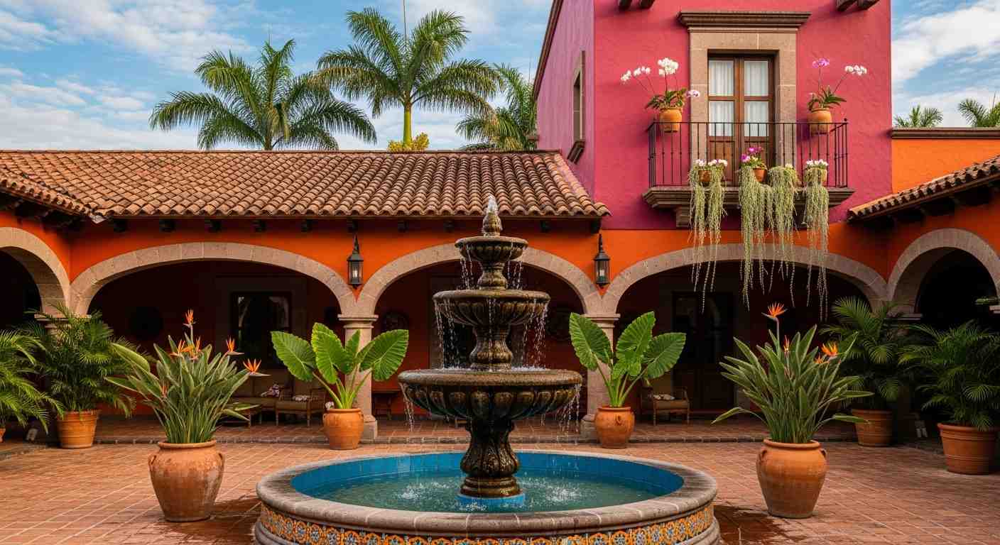 High Budget: Dramatic two-story Hacienda Facade With Ornate Stone Fountain
