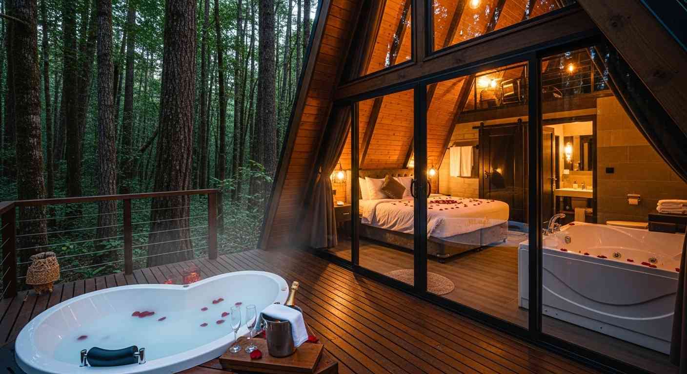 Bohemian outdoor soaking tub under stars