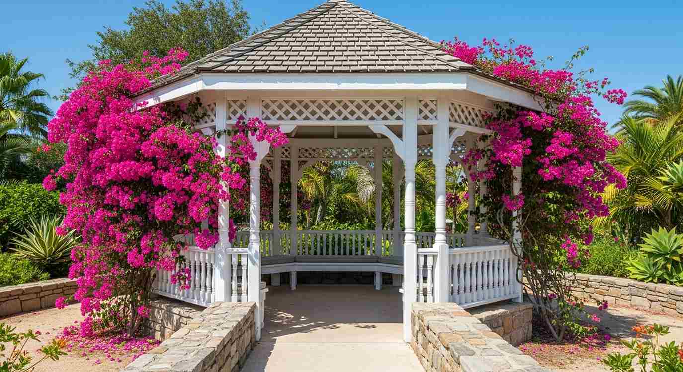 White Timber Gazebo Surrounded by Bougainvillea
Design

