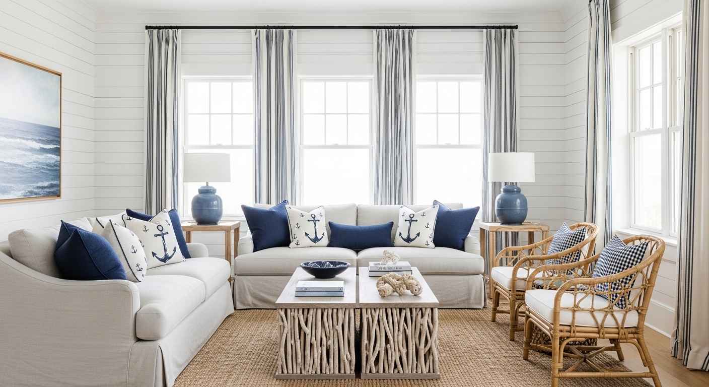Coastal Hamptons Blue - White Shiplap walls with navy accents and linen sofas

