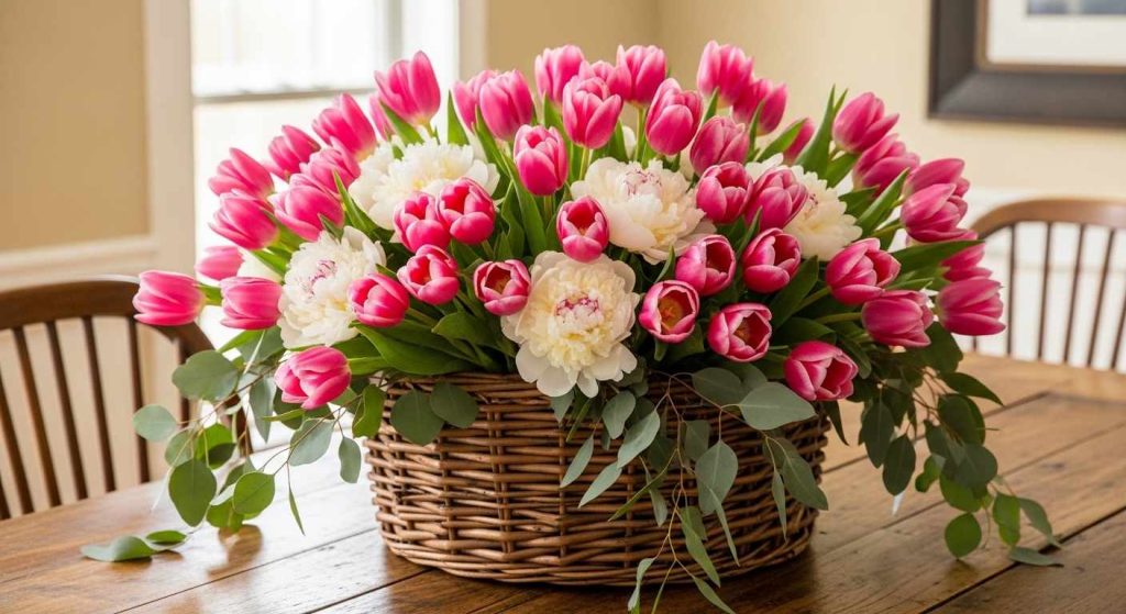 Pink Tulips Wicker Basket