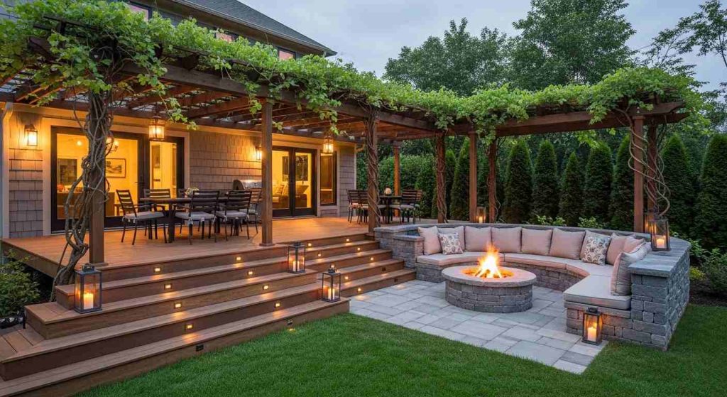 Rustic Stone Deck with Vine-Covered Pergola