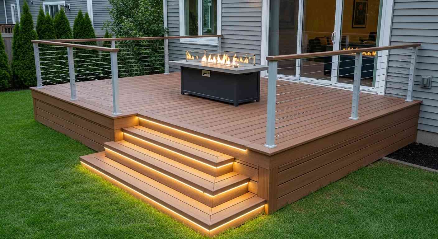 Dark-Stained Deck with Pergola & Dining Area