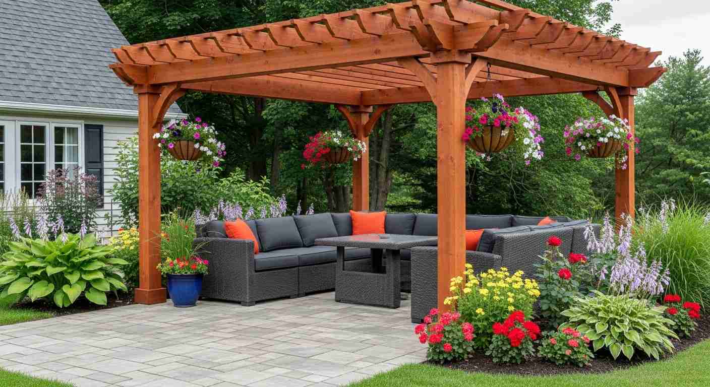 Garden Oasis Pergola With Hanging Baskets and Colorful Planting