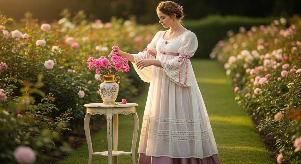 Cream Muslin Garden Gown with Lace Trim