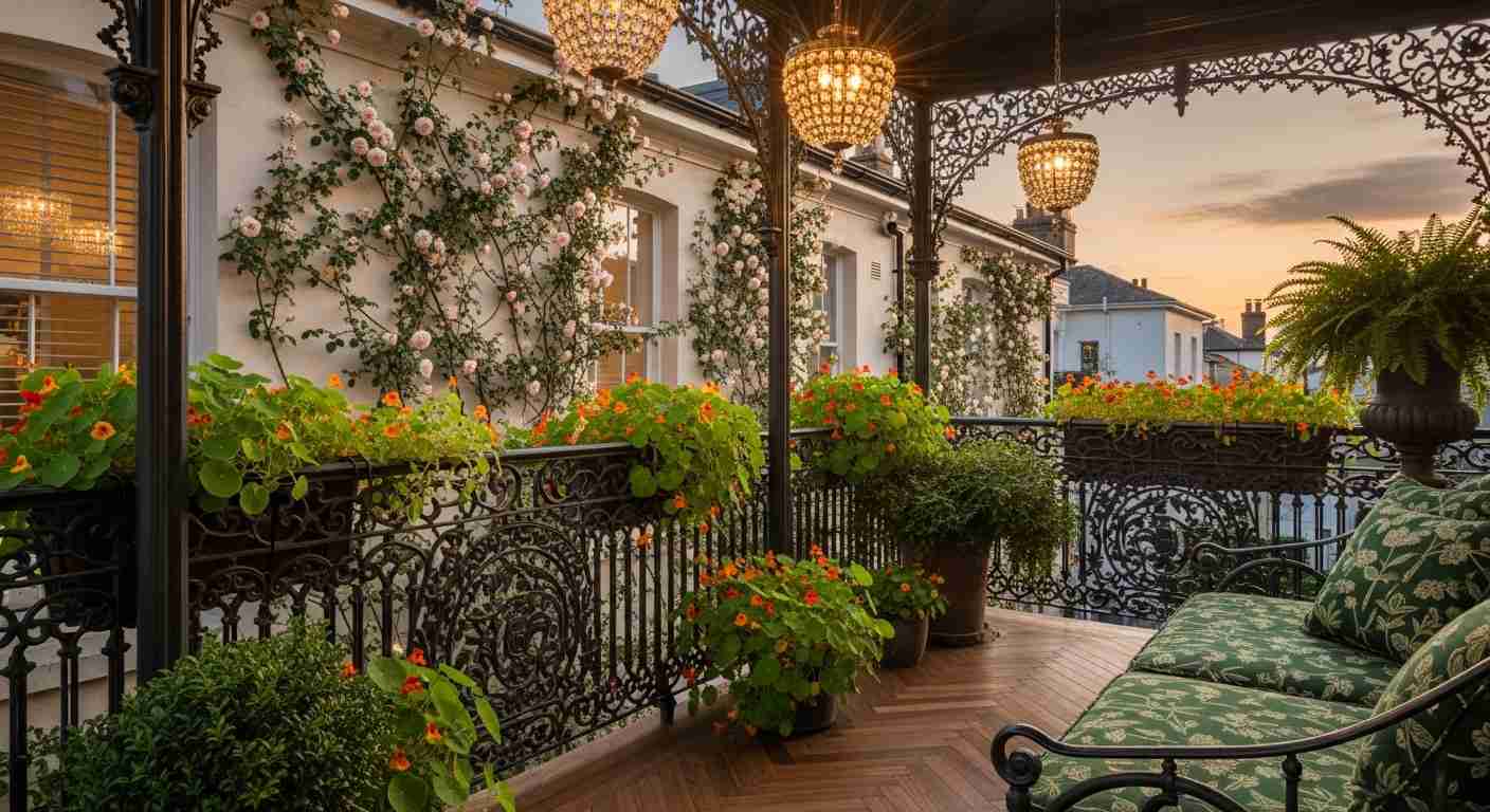 Victorian Balcony Garden with Crystal Pendant Lighting