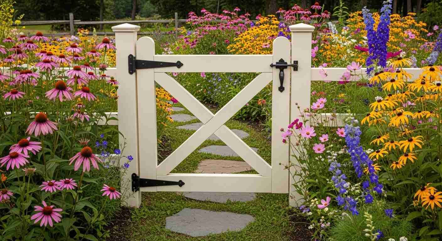 Ornate white cottage garden gate with finial pillars