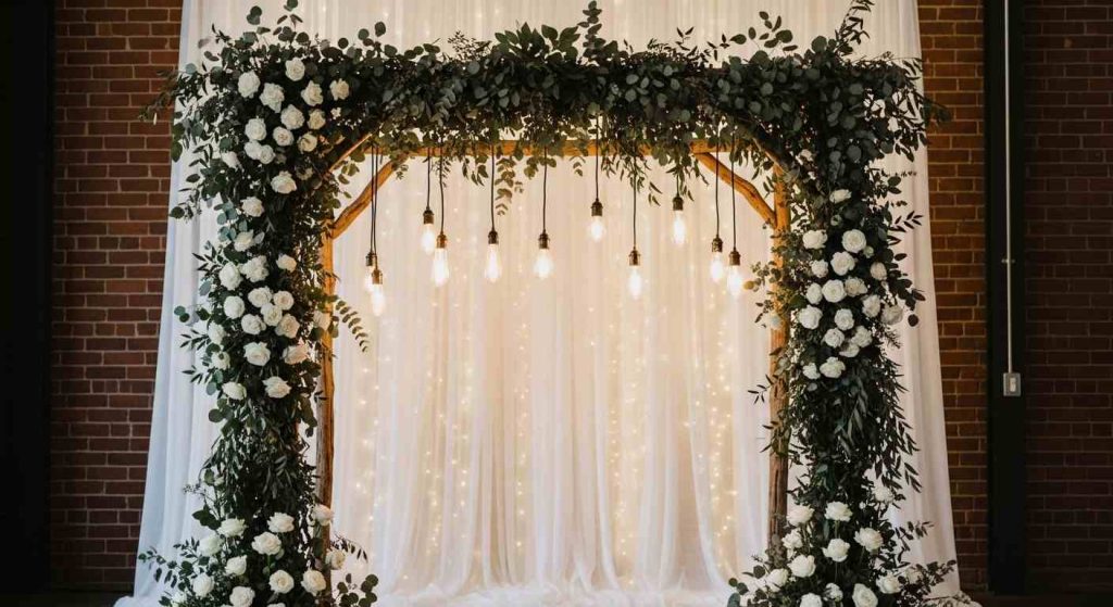 Greenery arch with string light backdrop