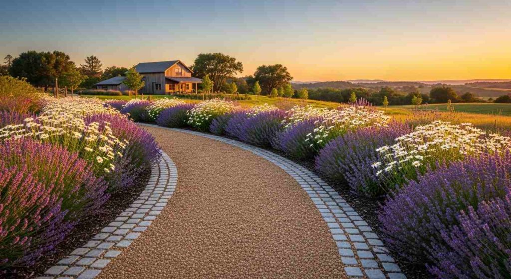 Gravel Path with Stone Border, Cottage Planting and a Stone Border
