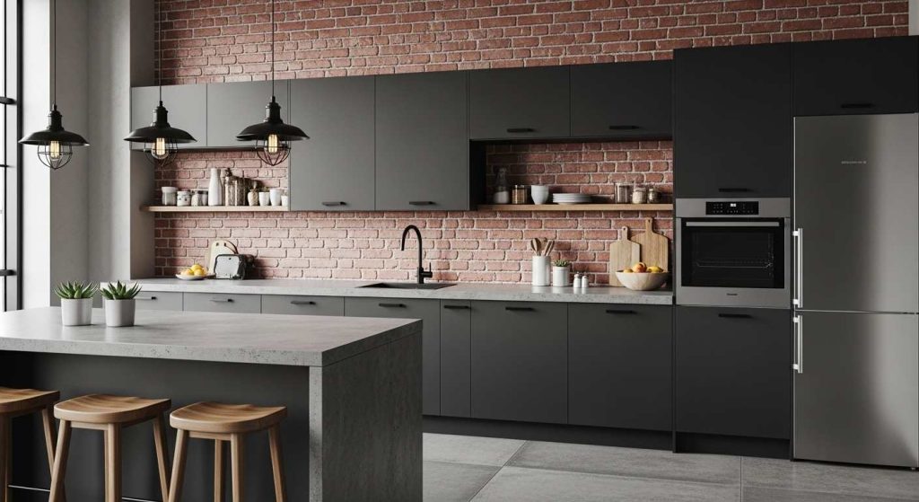 Industrial Gray Cabinets with Concrete Countertops, Exposed Brick and Exposed Brick