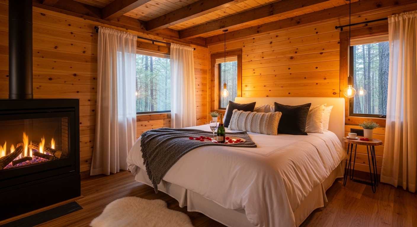 Romantic interior cabin bedroom with fireplace