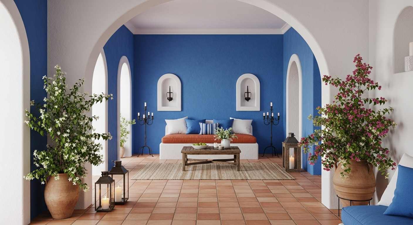  Mediterranean Blue - Terracotta tiles with Cerulean Blue walls and arched doorways
