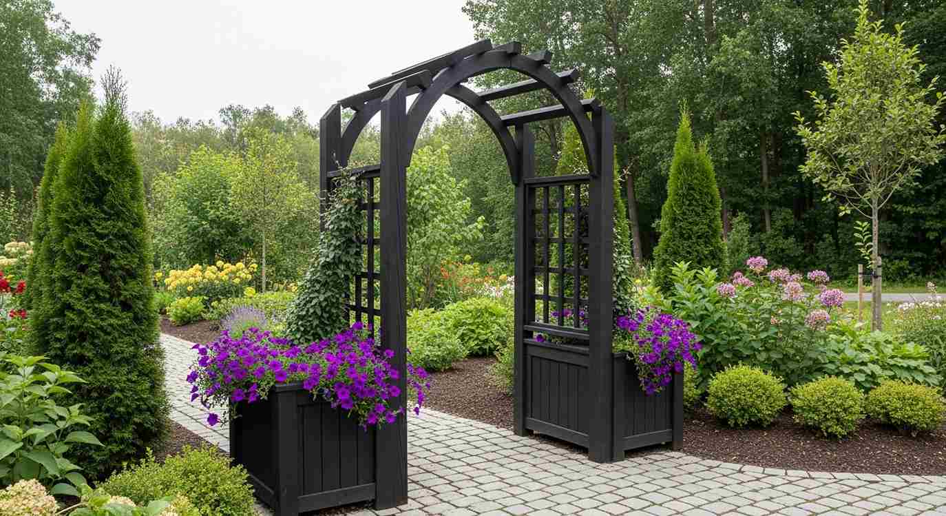 Dark Wood Arbor with Purple Flowers: