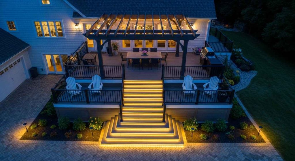 Multi-Level Deck Pergola — Aerial Night View