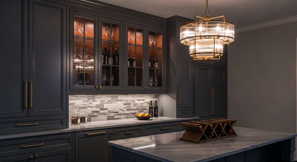 8. Dark Gray Cabinets with Brass Accents and Built in Wine Rack