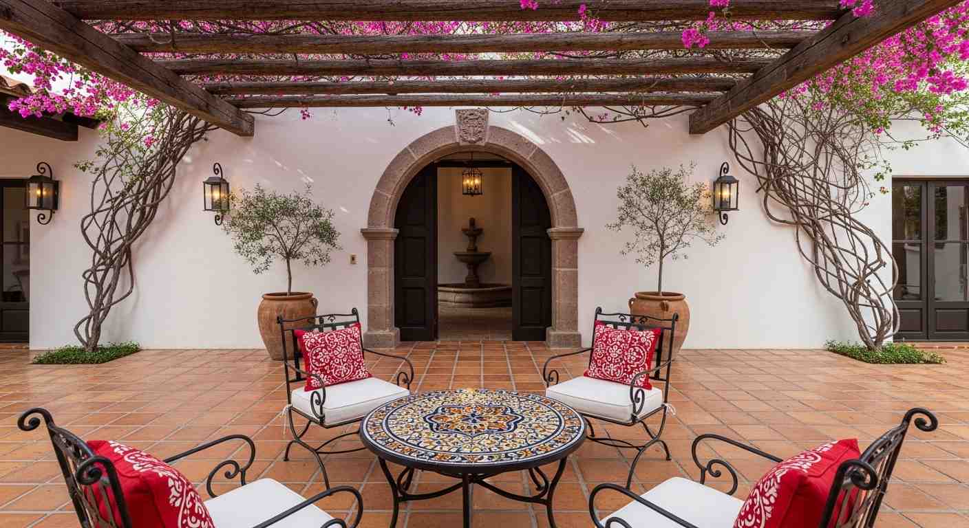White hacienda courtyard with bougainvillea pergola and Talavera mosaic table