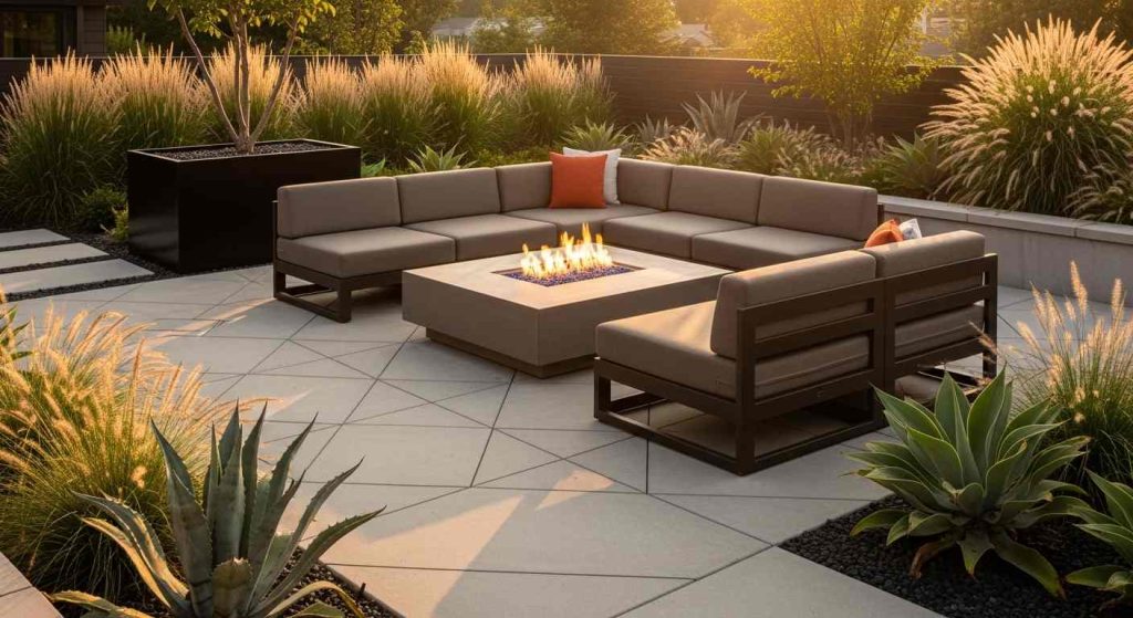 Modern Fire Pit Seating on Stone Patio
