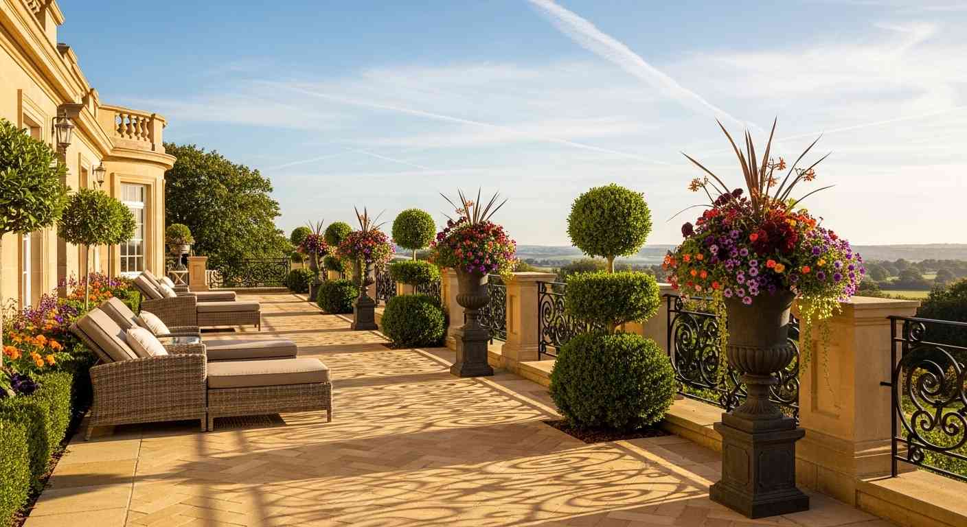 Panoramic Terrace with Ornamental Urns & Sculptural Topiary