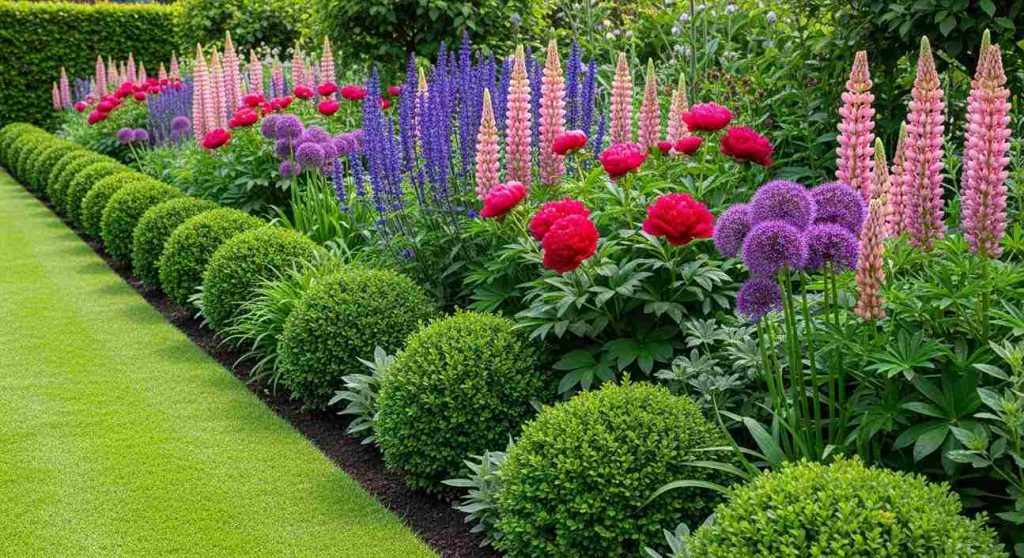 Border with Box Balls and Perennial Mix
