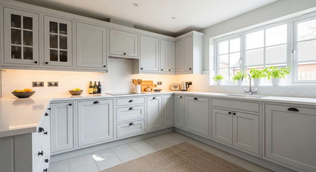 Classic Shaker Cabinets in Gray with Black Hardware

