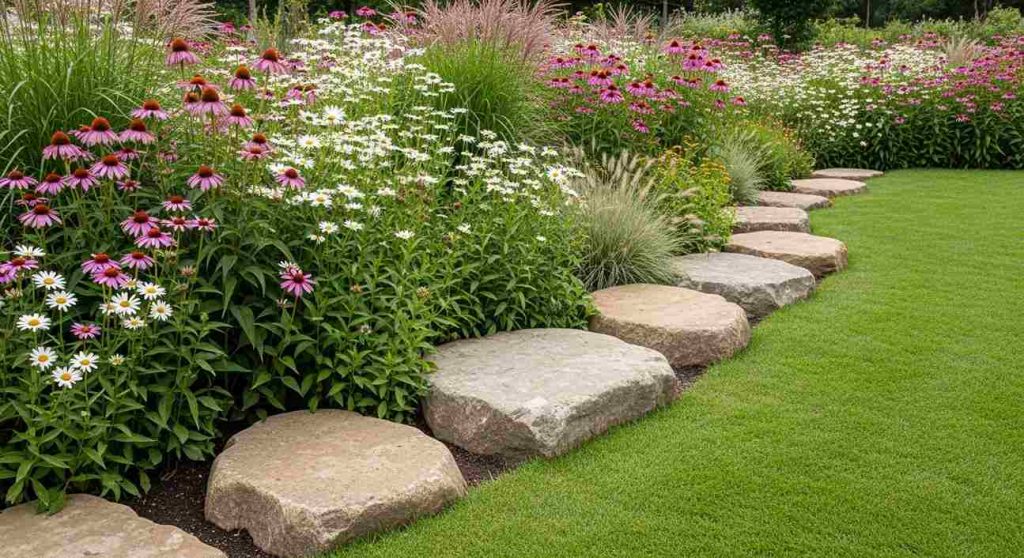 Natural Stone Stepping Stones through Wildflower Borders
