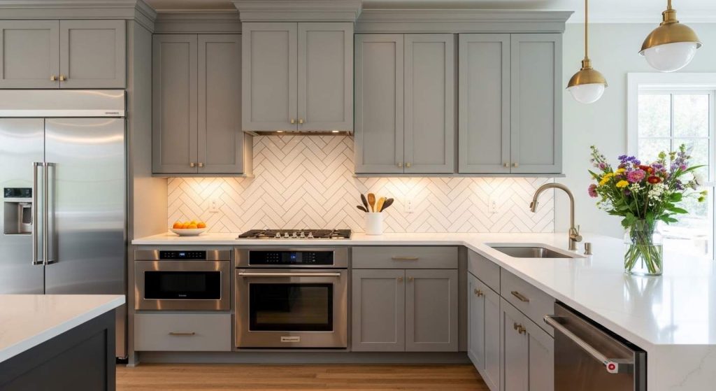 9. Gray Cabinets with Bold Herringbone Backsplash