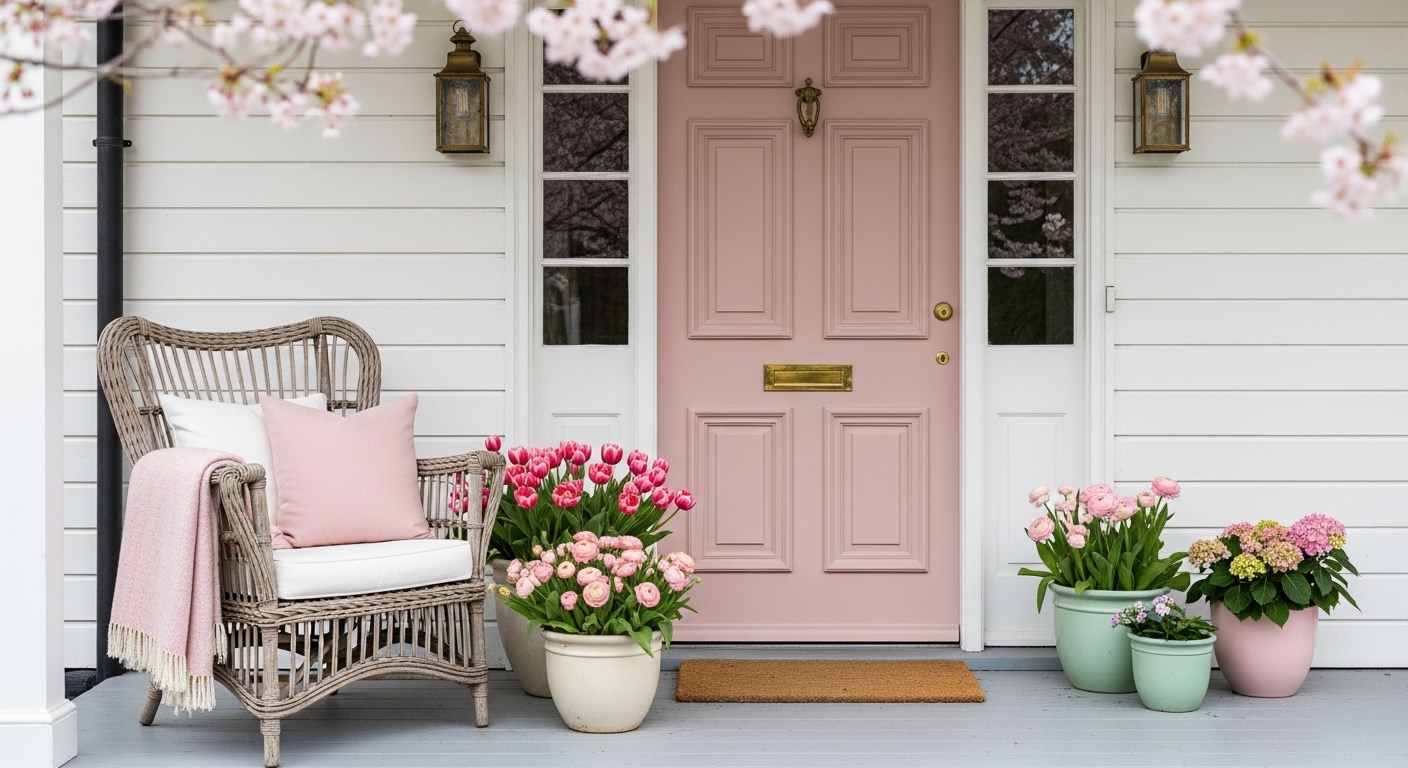 Wicker & Pink Hydrangea Front Porch -- An Everyday Easter Look