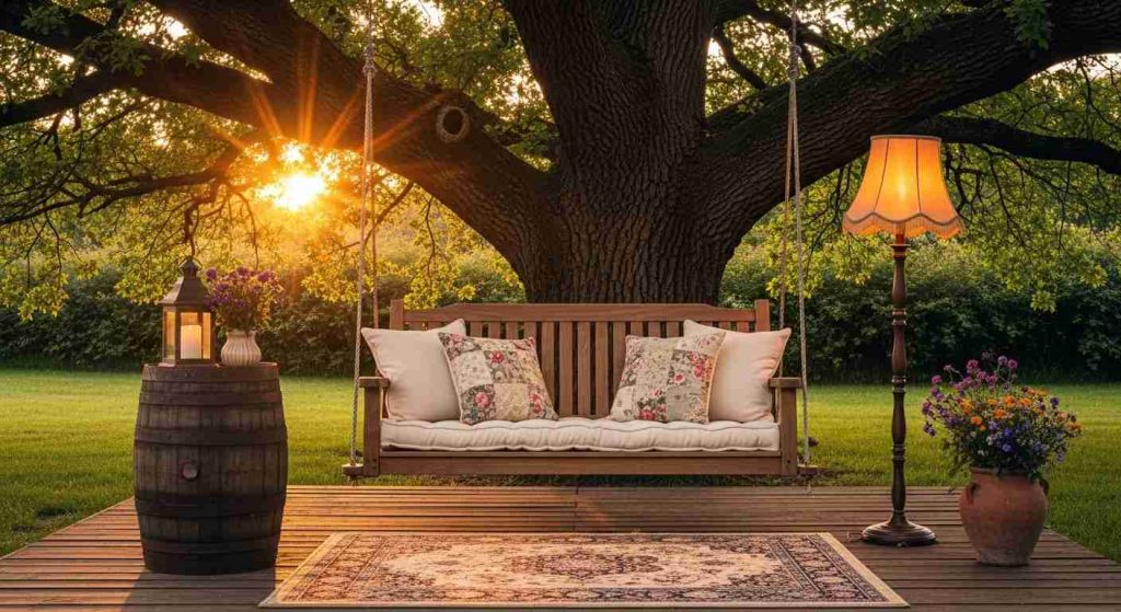 The Wooden Swing in a Canopy Tree
