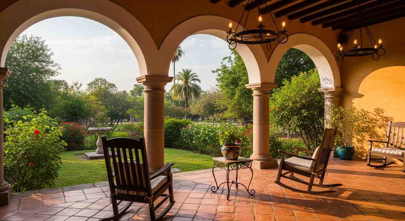 Hacienda arched colonnade veranda with Saltillo tile floor and rocking chair