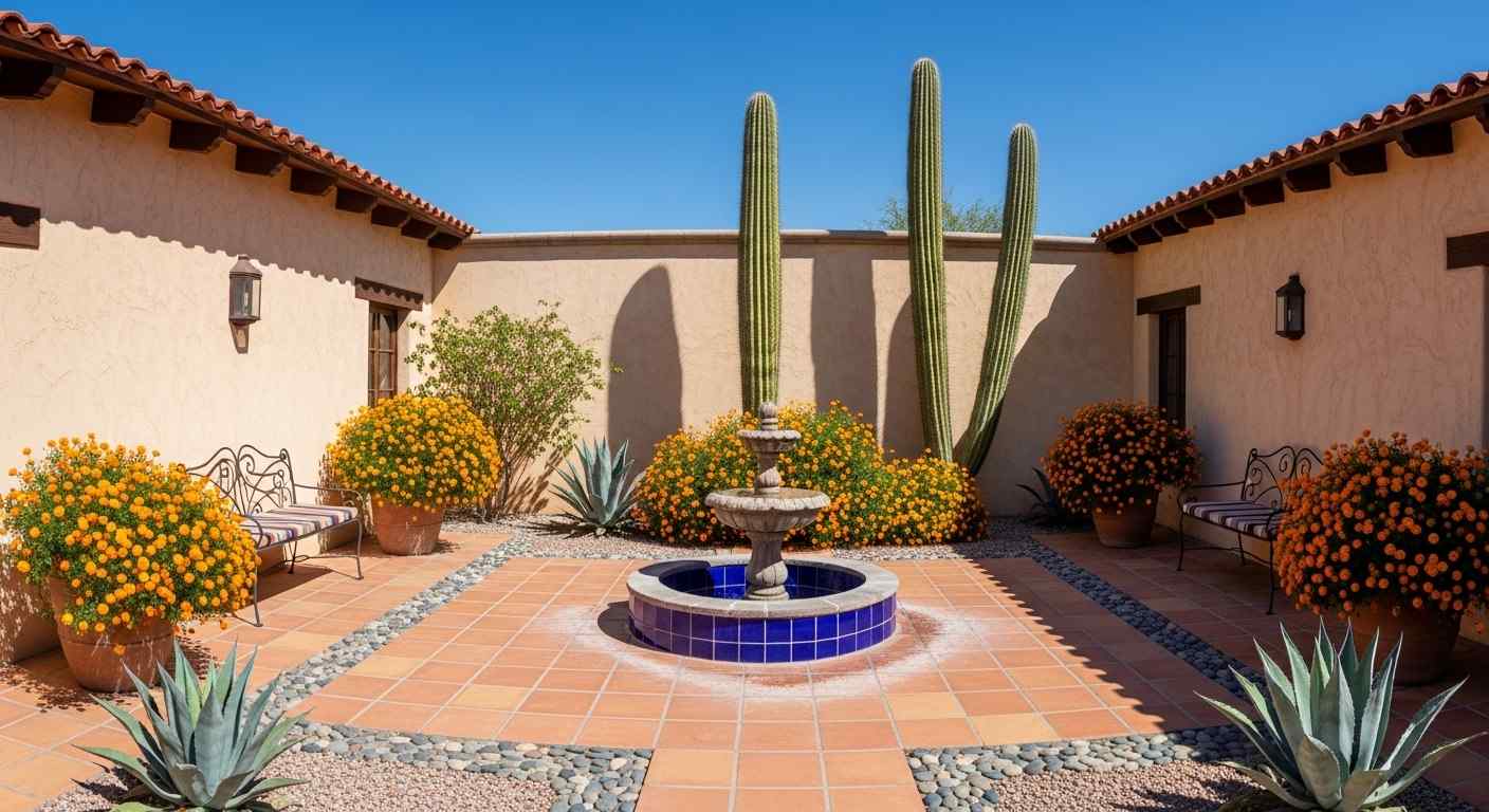 Mexican desert garden with saguaro cactus, marigolds and terracotta courtyard