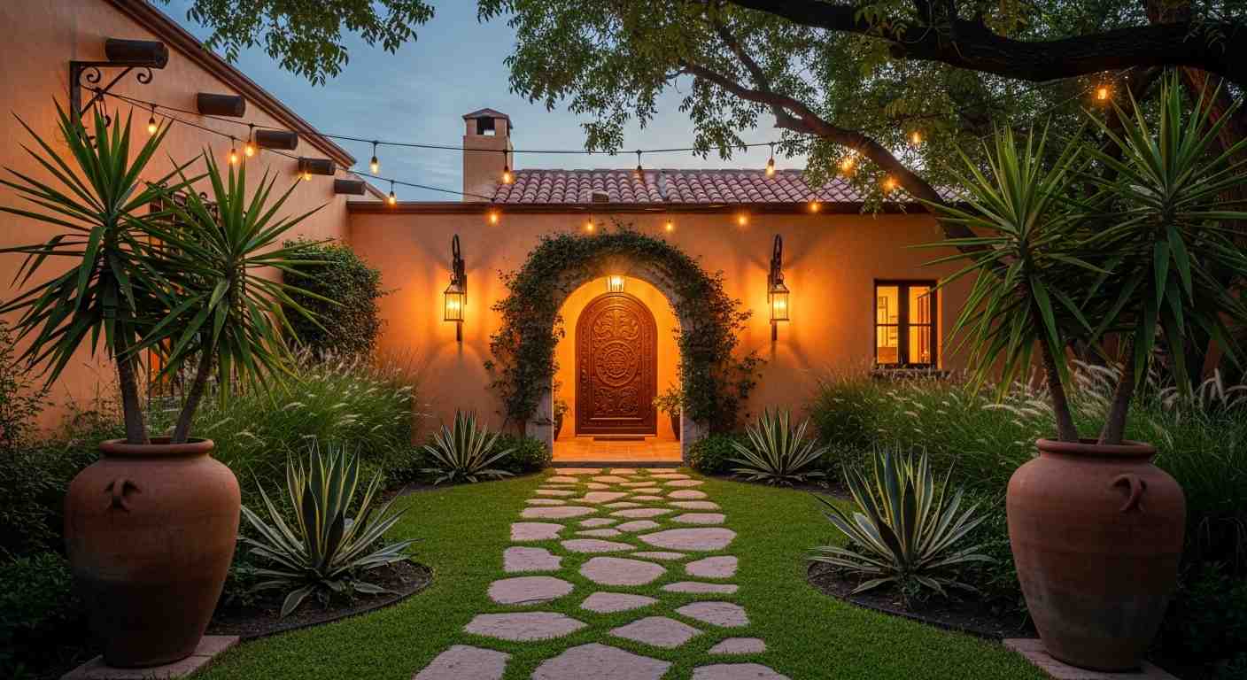 Mexican hacienda entryway garden with iron lanterns and flagstone path at dusk