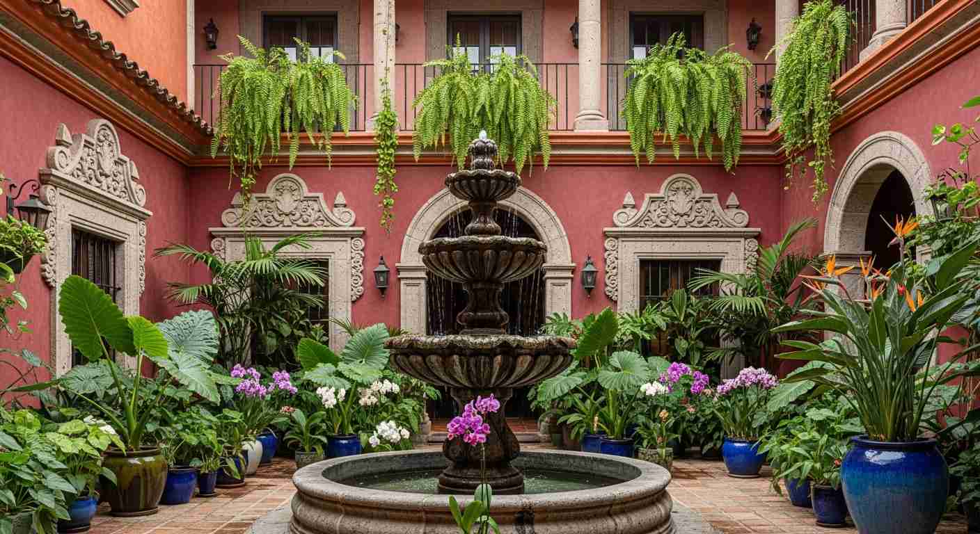 Tropical Mexican hacienda courtyard with three-tier baroque fountain