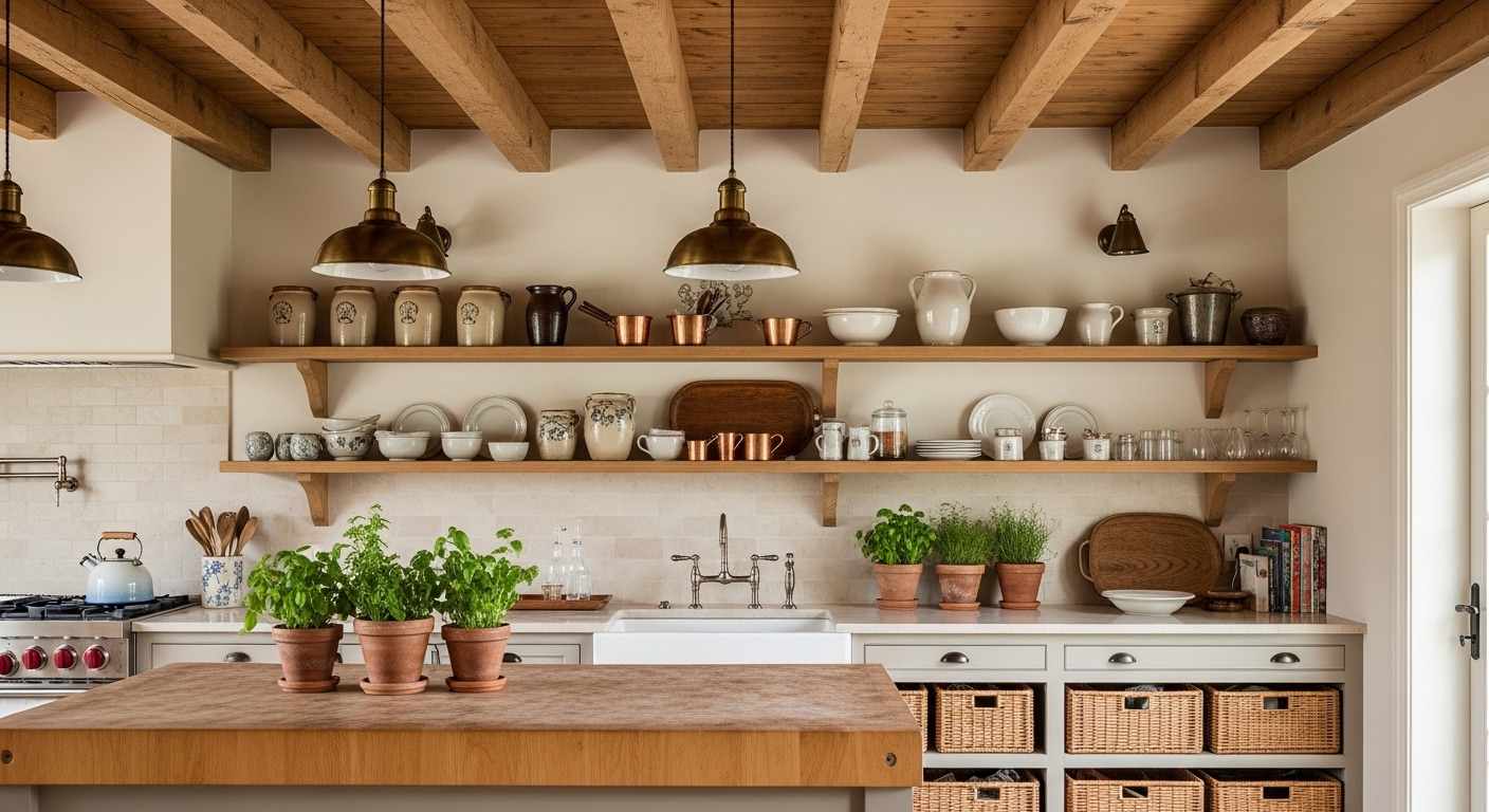  Kitchen With Wooden Beams and Open Shelving
