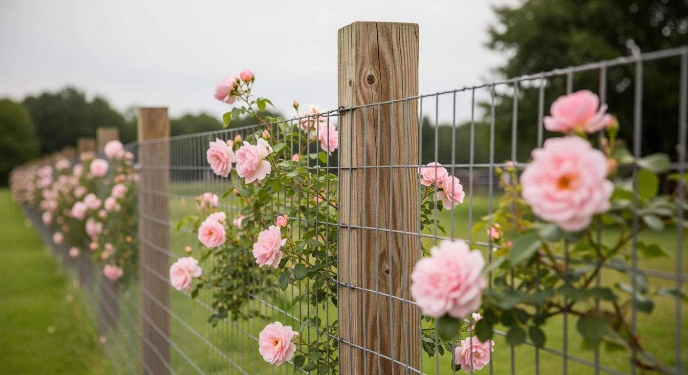 Rustic wire fence with climbing roses