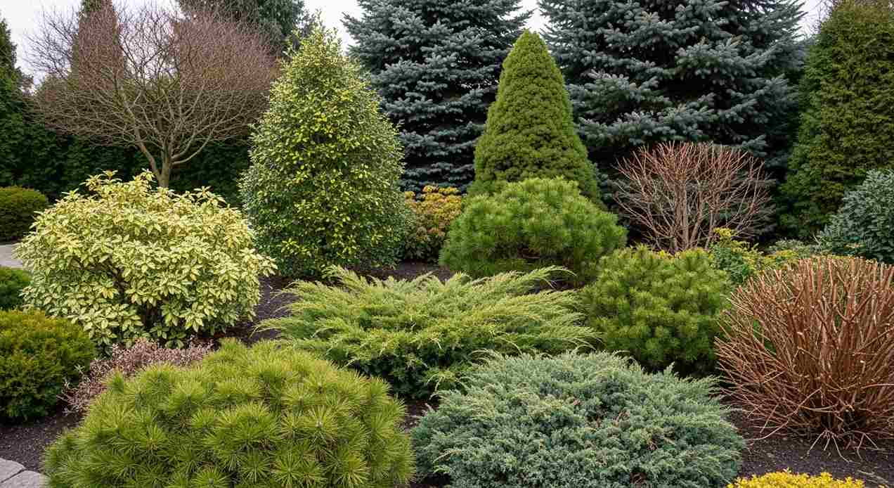 Evergreen Front Yard with Year-Round Interest
