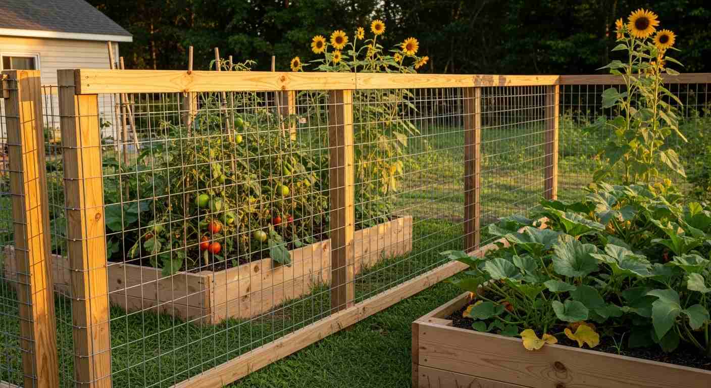 
Wire fence + raised bed vegetable garden combo